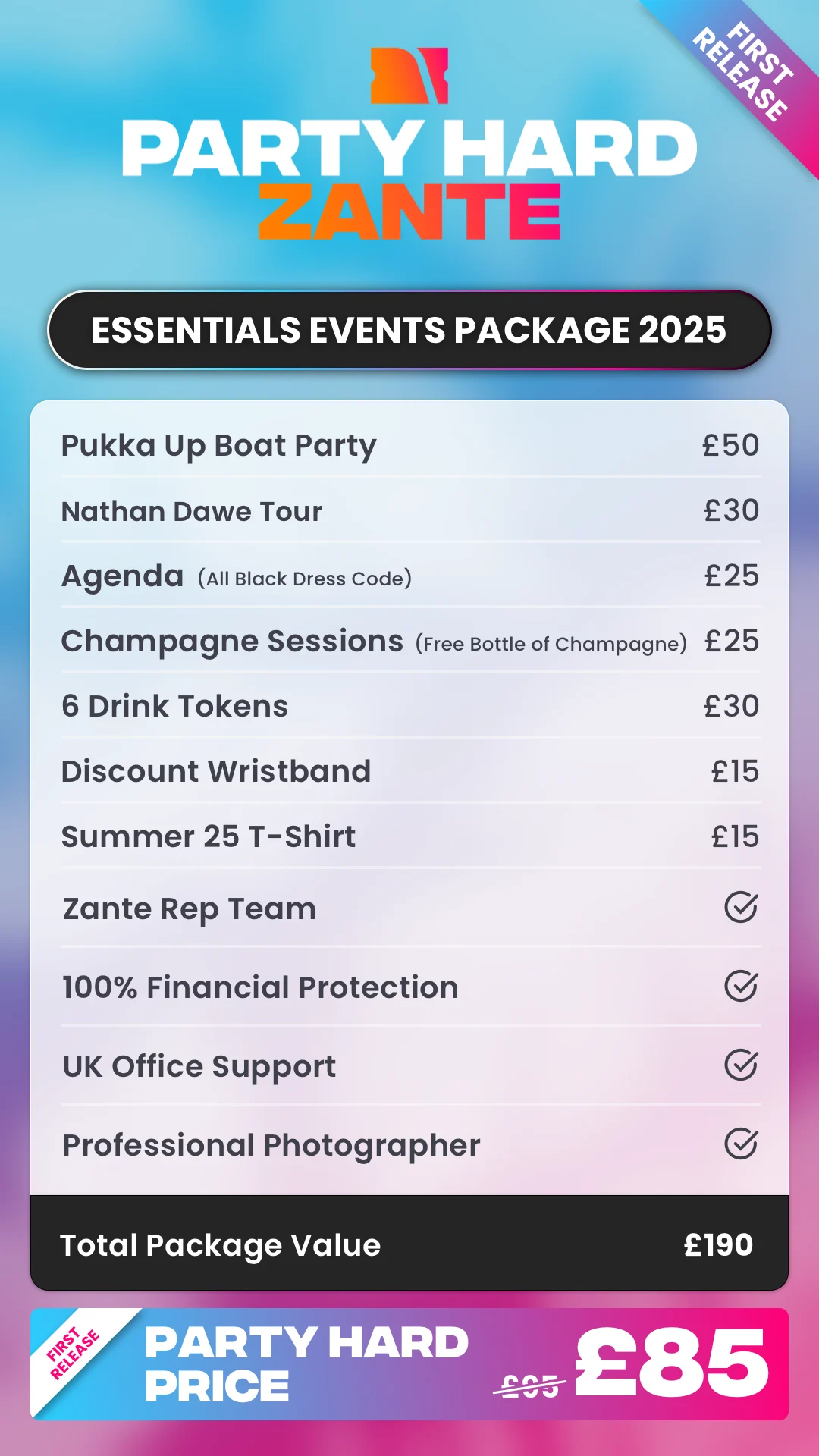 Zante essentials events package summer 2025
