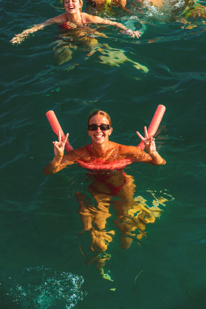Zante Pukka Up Boat Girls in the sea