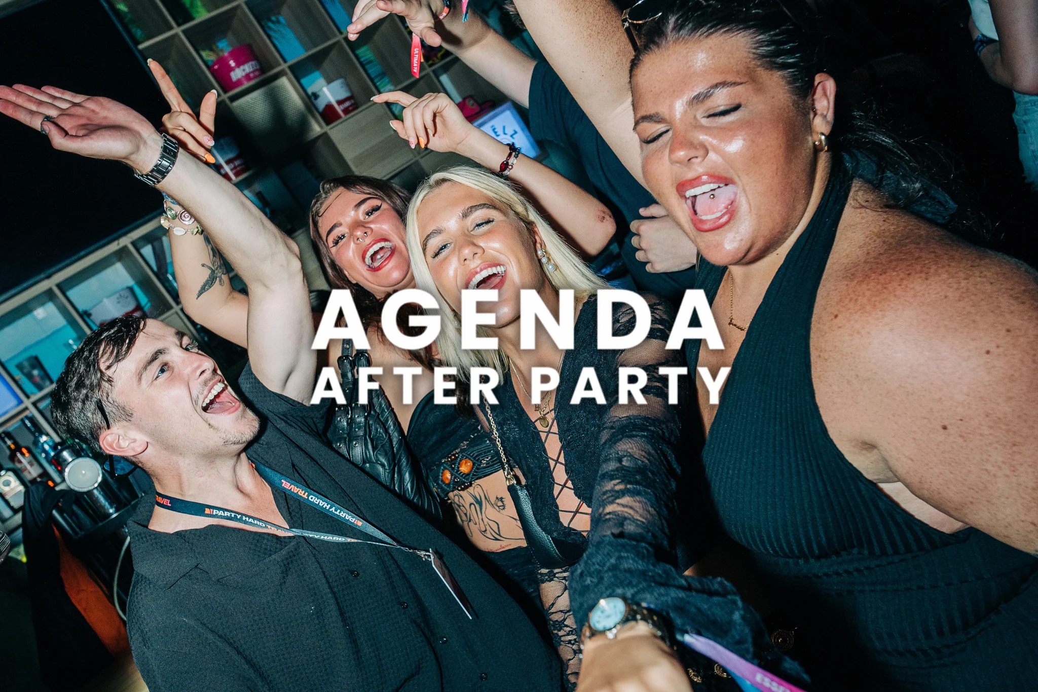 Holiday lads and girls at the Agenda After Party in Albufeira enjoying the nightlife, smiling and dancing together.