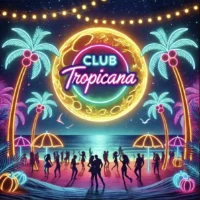 Club Tropicana logo banner with neon palm trees, umbrellas, and dancing silhouettes in Albufeira.