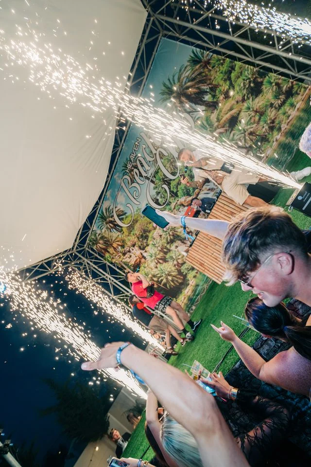 Fireworks light up the stage as the crowd goes wild at Agenda Beach Club Party in Albufeira, summer vibes all night.