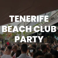 Tenerife beach club party crowd with bold on-screen text reading Tenerife Beach Club Party over packed daytime scenes