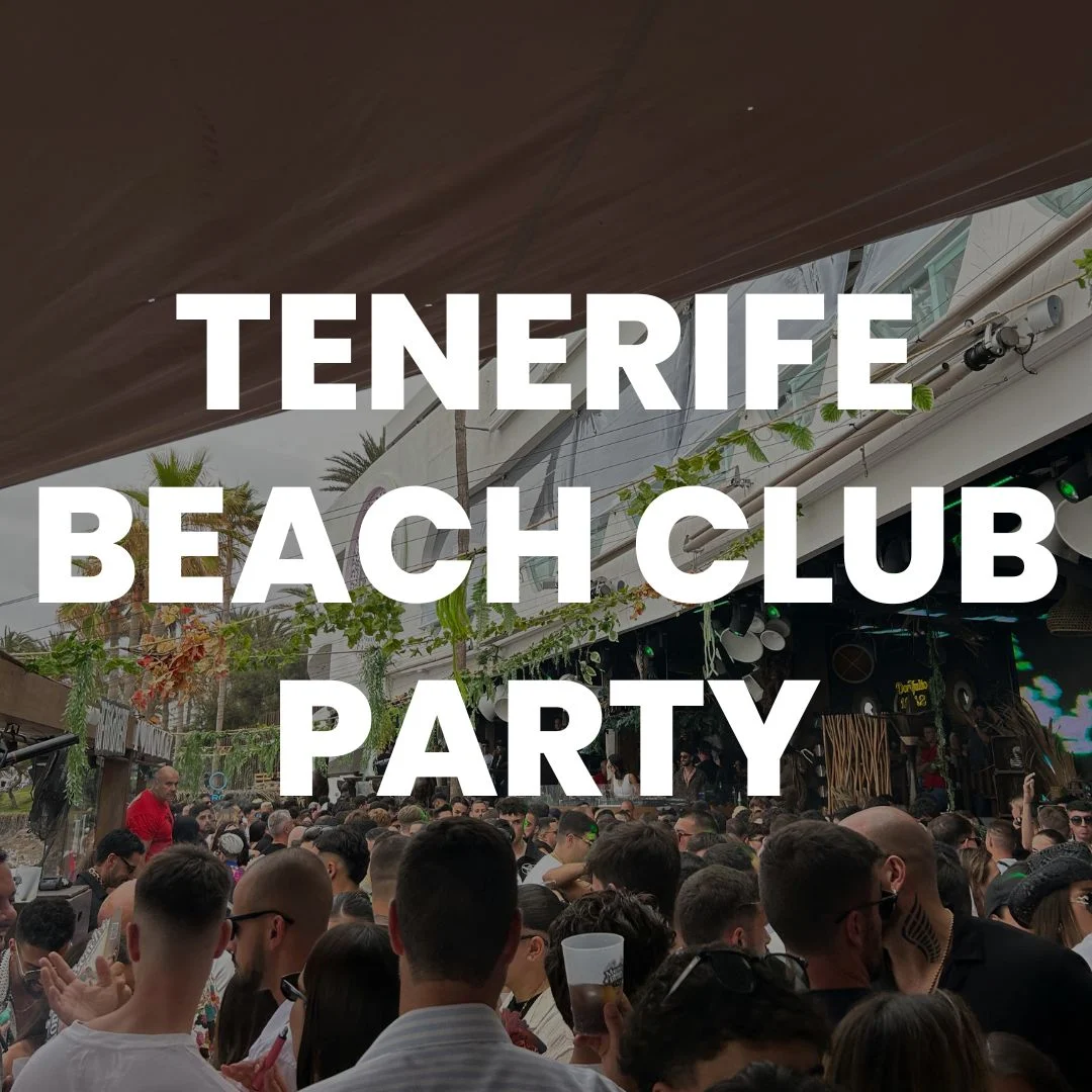Tenerife beach club party crowd with bold on-screen text reading Tenerife Beach Club Party over packed daytime scenes