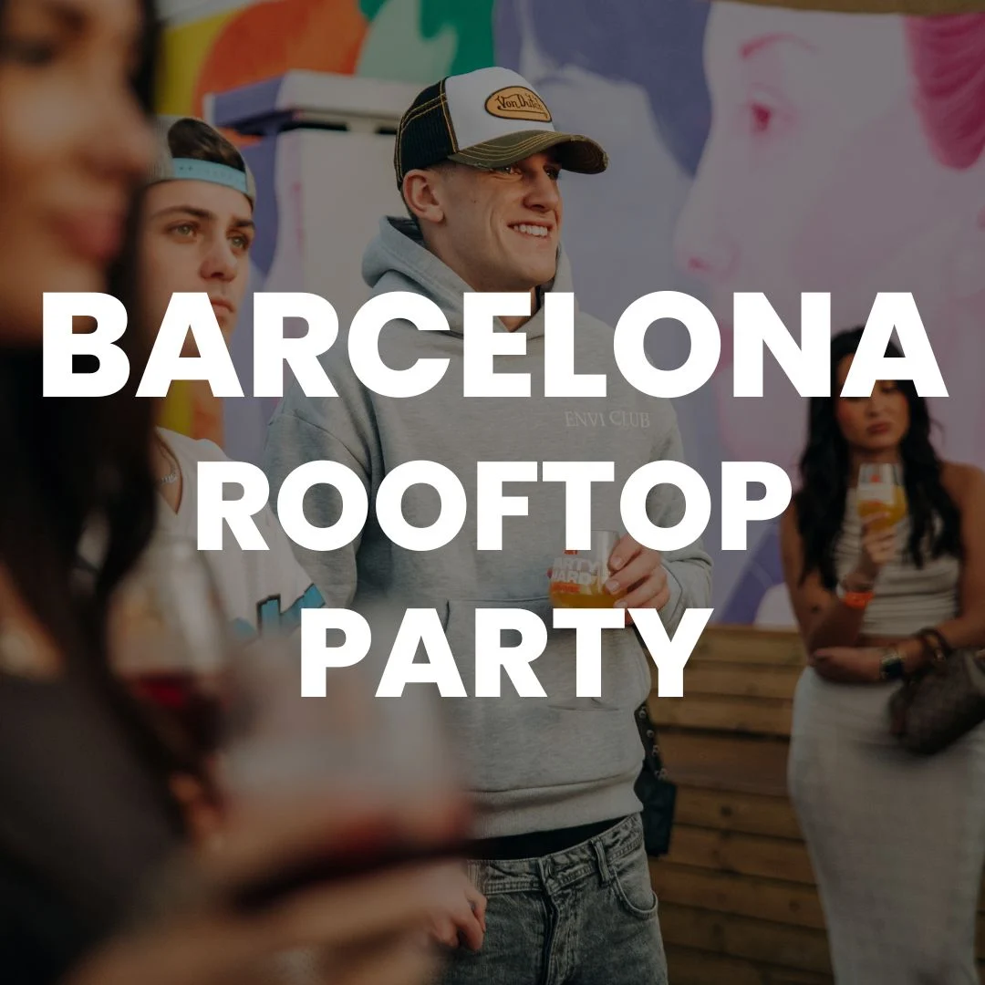Crowd enjoying drinks and good vibes at a Barcelona Rooftop Party, daytime energy building as the music and atmosphere kick in